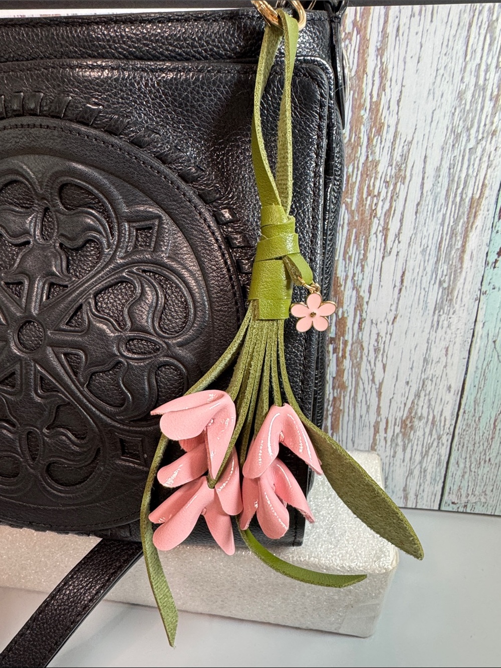 πΈ Leather Pink Flower Tassel Purse Charm β Handbag Accent